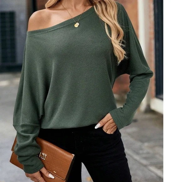 Solid Off Shoulder Loose Fit Waffle Long Sleeve Top - Picture 6 of 16